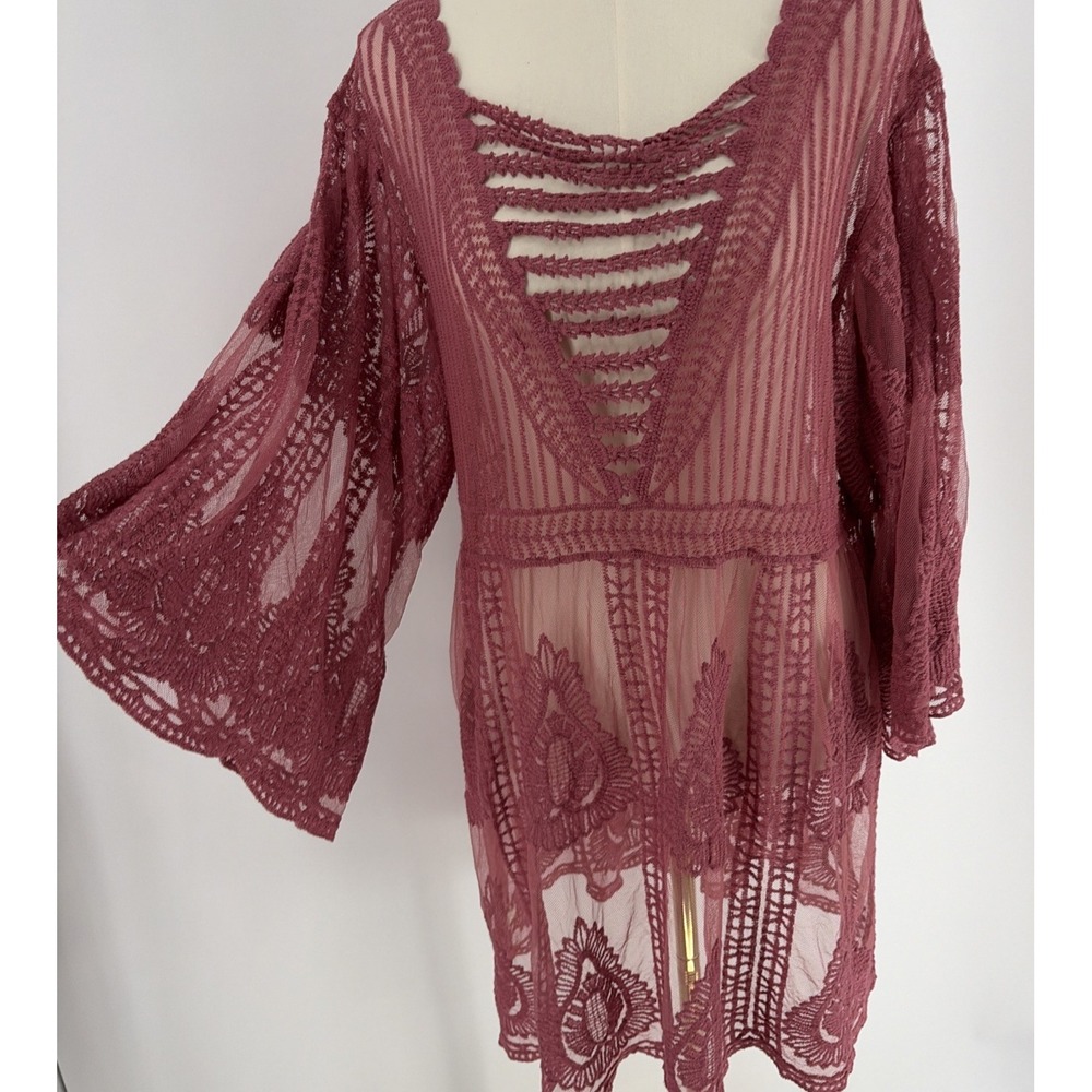 Lace Sheer Boho Tunic Top Womens 1X Embroidered Mauve Feminine Fairy Whimsygoth
